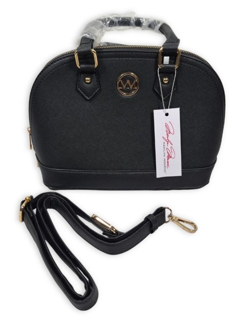 Black Dome Top Handle Satchel Handbag with Adjustable Strap